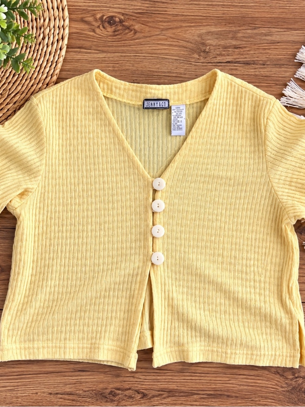 New York & Company Yellow Ribbed Button-Front Women's Top